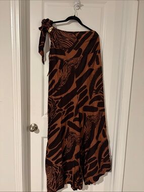 Anthropologie One-Shoulder Brown and Black Animal-Print Jumpsuit